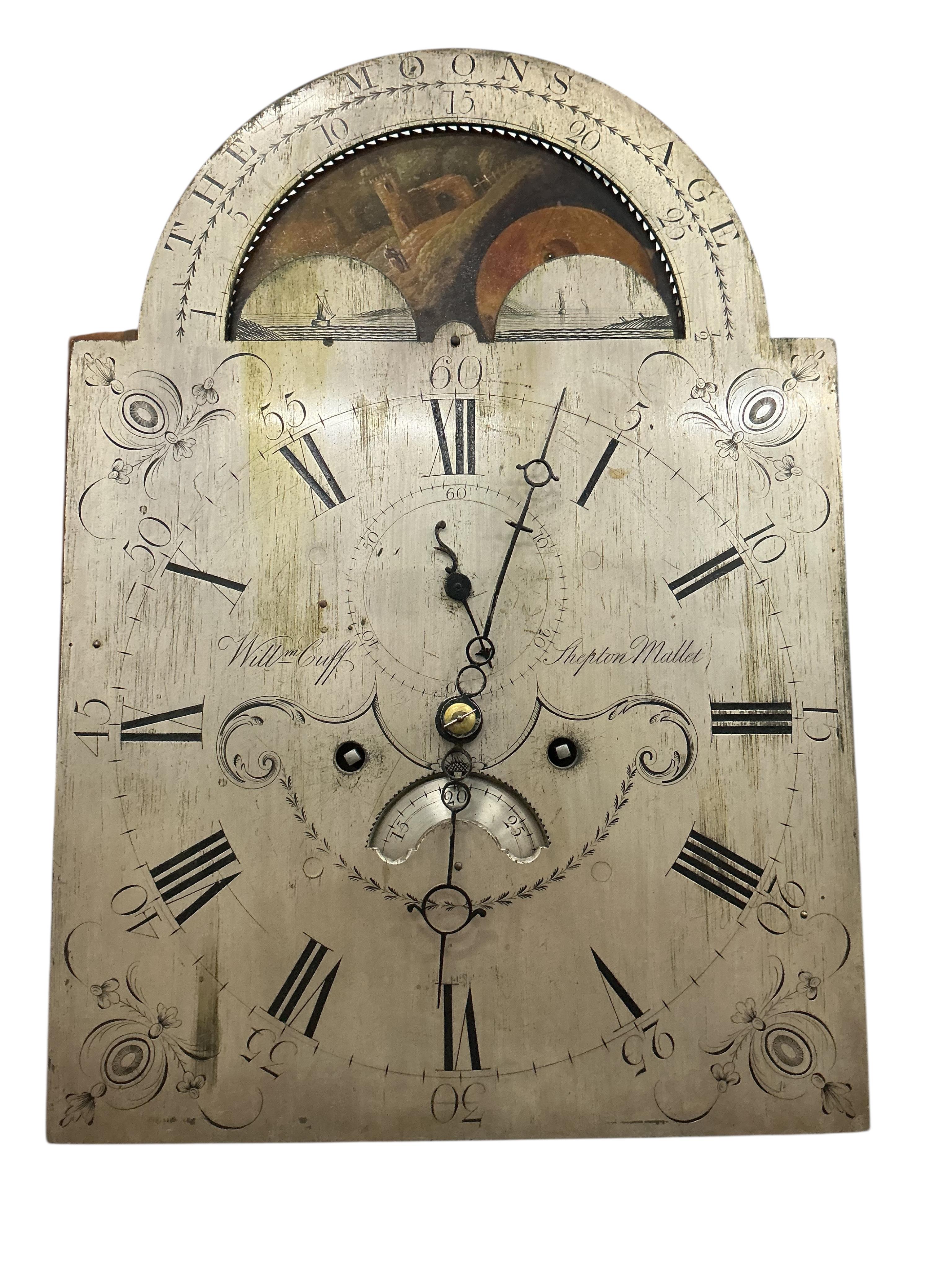 A George III mahogany eight day longcase clock, marked William Cuff, Shepton Mallet, height 222cm